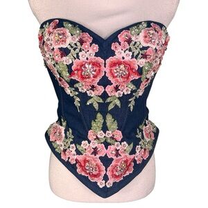 Mary’s Denim & Sherbet Floral Beaded Corset Size 8 Alta Couture MQ3015 Stunning